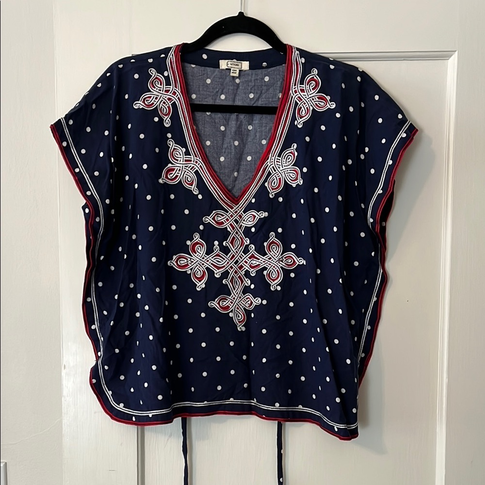 Navy Blue Embroidered Polka Dot Women's Top